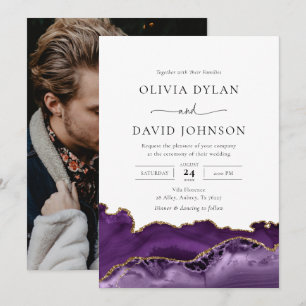 Modern Purple Gold Agate Photo Wedding Invitation