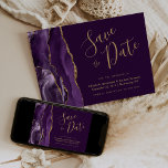 Modern Purple Gold Agate Plum Save the Date Card<br><div class="desc">This elegant modern save the date card features a purple watercolor agate border trimmed with faux gold glitter. The customisable text combines gold-coloured handwriting script,  copperplate and italic fonts on a rich plum background. The reverse side features a matching purple and gold agate design.</div>