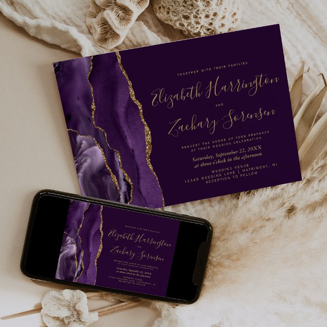 Modern Purple Gold Agate Plum Wedding Invitation (Creator Uploaded)
