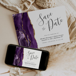 Modern Purple Gold Agate Save the Date Card