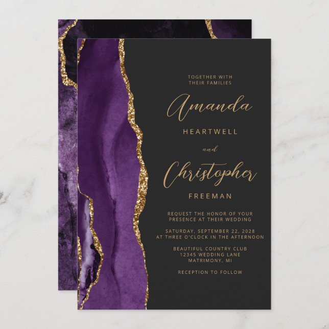 Modern Purple Gold Agate Script Slate Wedding Invitation (Front/Back)