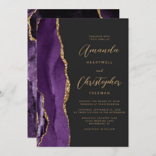 Modern Purple Gold Agate Script Slate Wedding Invitation