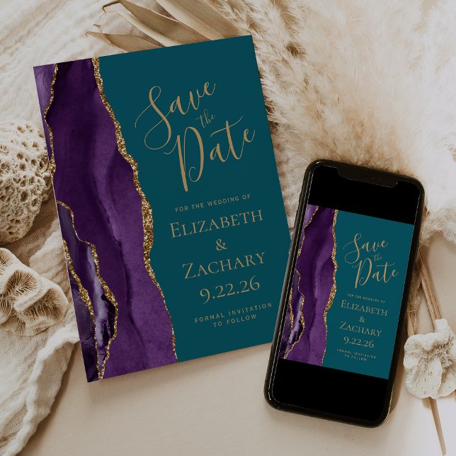Modern Purple Gold Agate Teal Save the Date (Creator Uploaded)