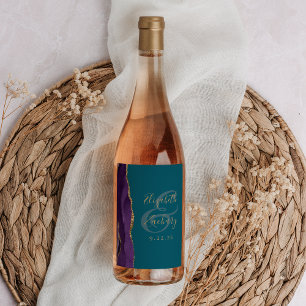 Modern Purple Gold Agate Teal Wedding Wine Label