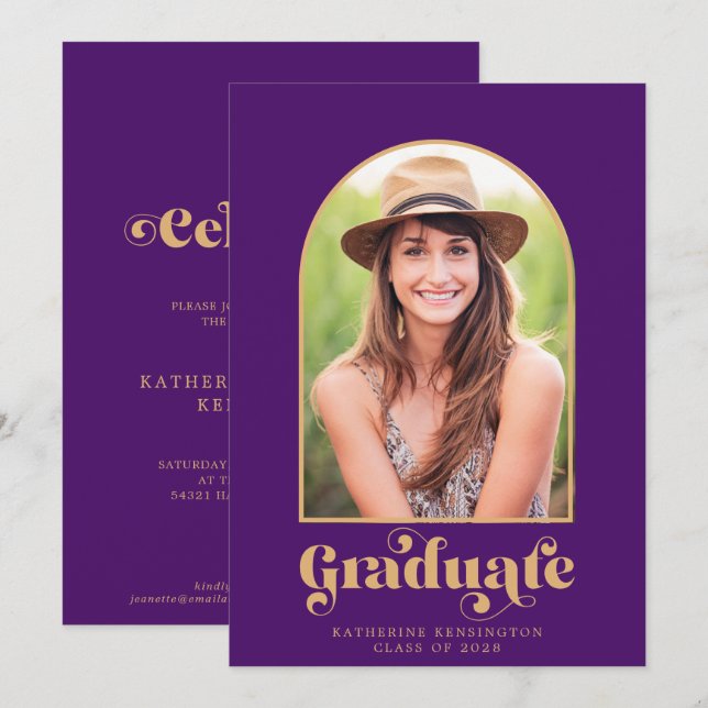 Modern Purple Gold Arch Photo Graduation Party Invitation (Front/Back)