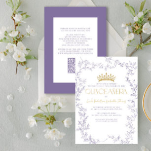 Modern Purple Gold Botanical Floral QR Quinceañera Invitation
