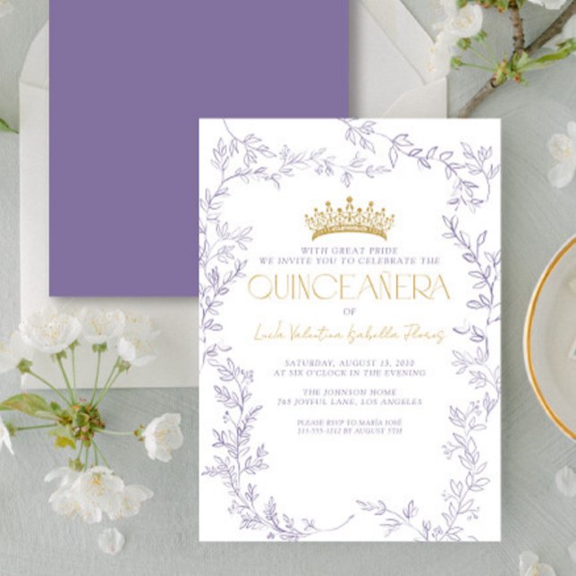 Modern Purple Gold Botanical Floral Quinceañera Invitation (Creator Uploaded)