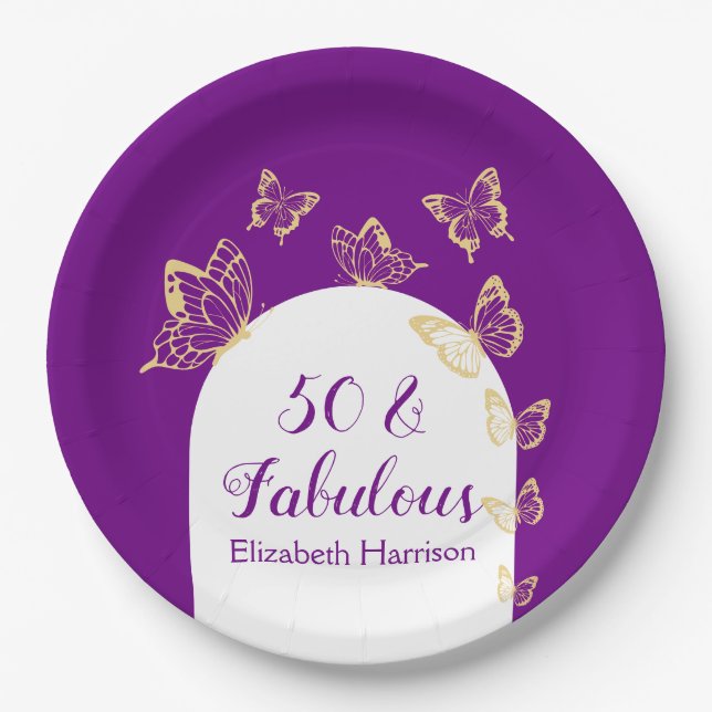 Modern Purple Gold Butterflies Fabulous Birthday Paper Plate (Front)