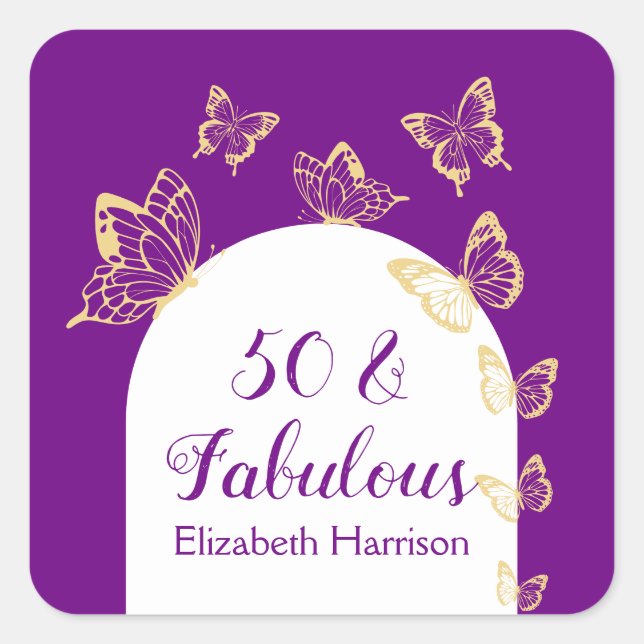 Modern Purple Gold Butterflies Fabulous Birthday Square Sticker (Front)