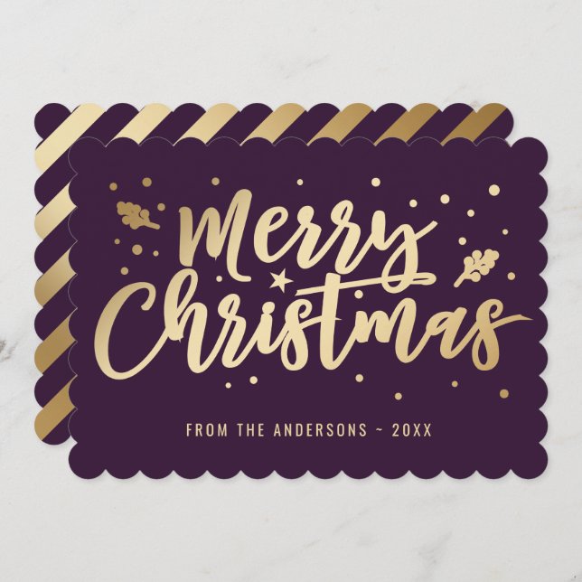 Modern Purple Gold Calligraphy Merry Christmas Holiday Card (Front/Back)