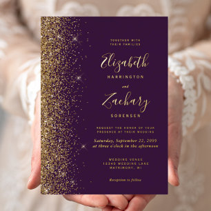Modern Purple Gold Faux Glitter Edge Wedding