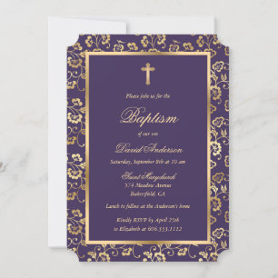 Modern Purple Gold Floral Boy Baptism Invitation