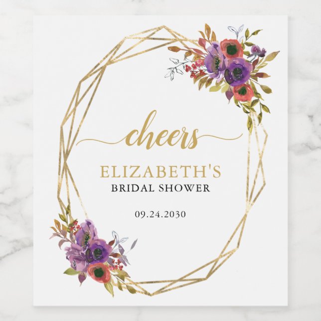 Modern Purple Gold Floral Cheers Bridal Shower Wine Label (Single Label)