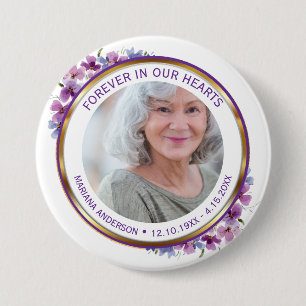 Modern Purple & Gold Floral Forever in our Hearts  7.5 Cm Round Badge