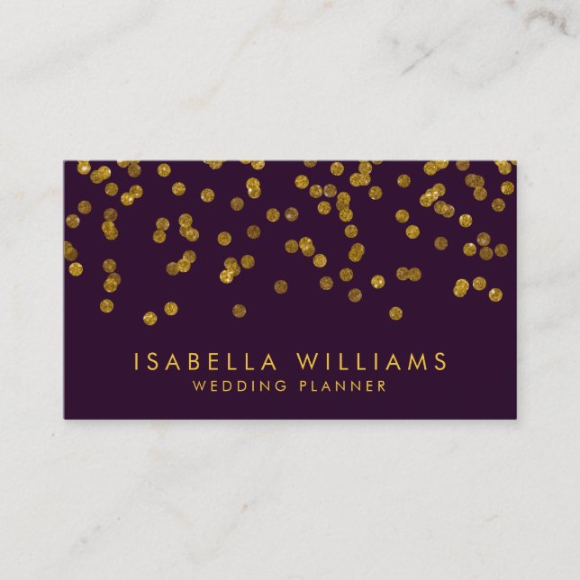 Modern Purple & Gold Foil Confetti Business Card (Front)