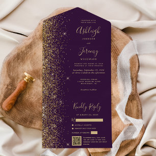 Modern Purple Gold Glitter QR Code Wedding All In One Invitation