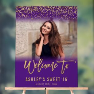 Modern Purple Gold Glitter Sweet 16 Photo Welcome Acrylic Sign
