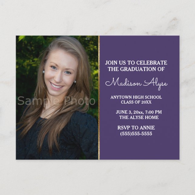 Modern Purple Gold Grad Party Photo Invitation (Front)