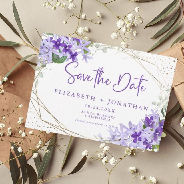 Modern Purple Gold Green Floral Wreath Wedding  Save The Date (Creator Uploaded)