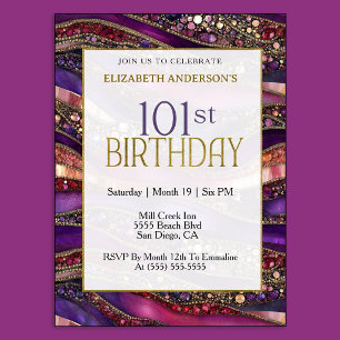 Modern Purple Gold Jewelled Strata 101st Birthday Invitation
