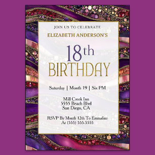 Modern Purple Gold Jewelled Strata 18th Birthday Invitation