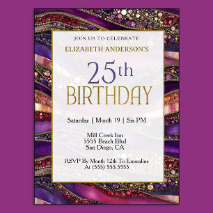 Modern Purple Gold Jewelled Strata 25th Birthday Invitation