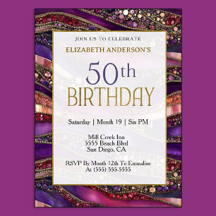 Modern Purple Gold Jewelled Strata 50th Birthday Invitation