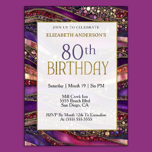 Modern Purple Gold Jewelled Strata 80th Birthday Invitation