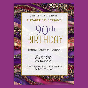 Modern Purple Gold Jewelled Strata 90th Birthday Invitation