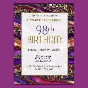 Modern Purple Gold Jewelled Strata 98th Birthday Invitation