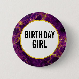 Modern Purple & Gold Marbled Birthday Girl 6 Cm Round Badge