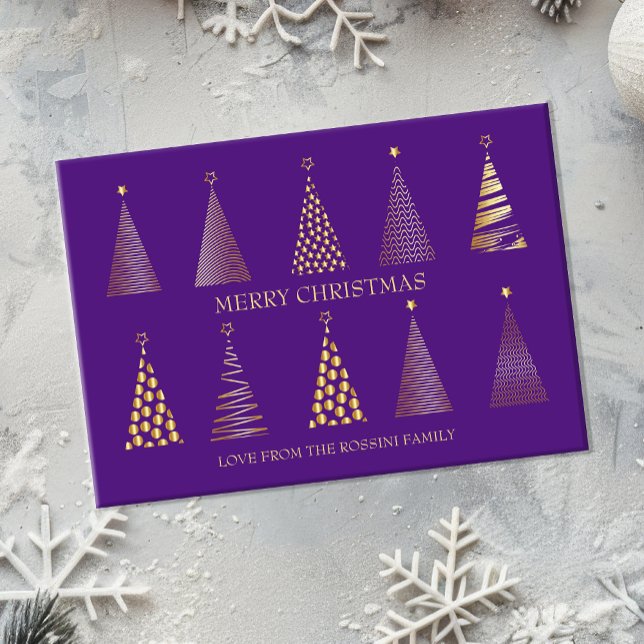 Modern Purple & Gold Personalised Christmas Tree Holiday Card (Modern purple and gold christmas card)