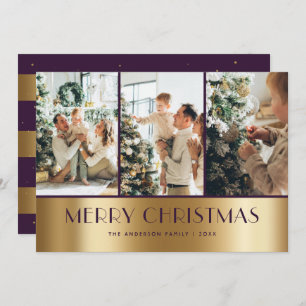 Modern Purple Gold Photo Collage Christmas Cards