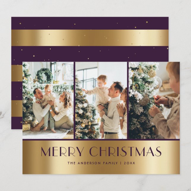 Modern Purple Gold Photo Collage Christmas Cards (Front/Back)