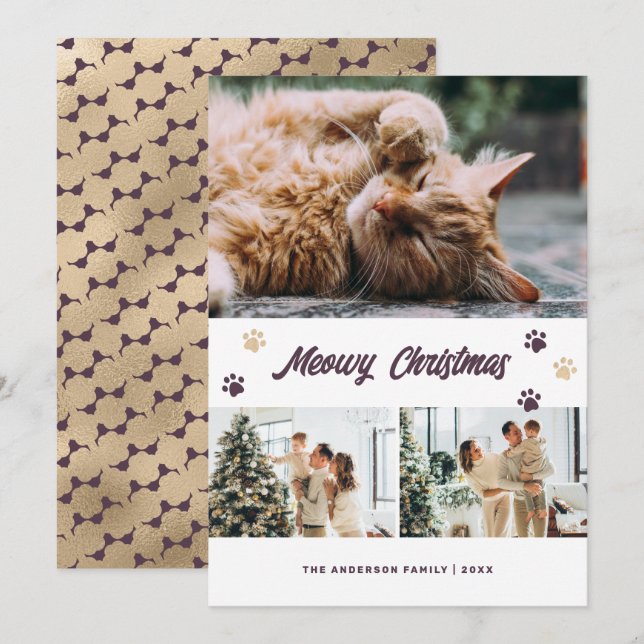 Modern Purple Gold Photo Meowy Christmas Card (Front/Back)