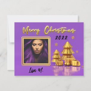 Modern Purple Gold Photo Merry Christmas Card