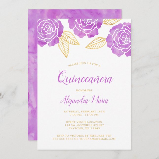 Modern Purple Gold Roses Quinceanera Invitations (Front/Back)
