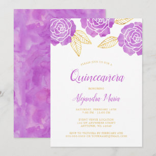 Modern Purple Gold Roses Quinceanera Invitations