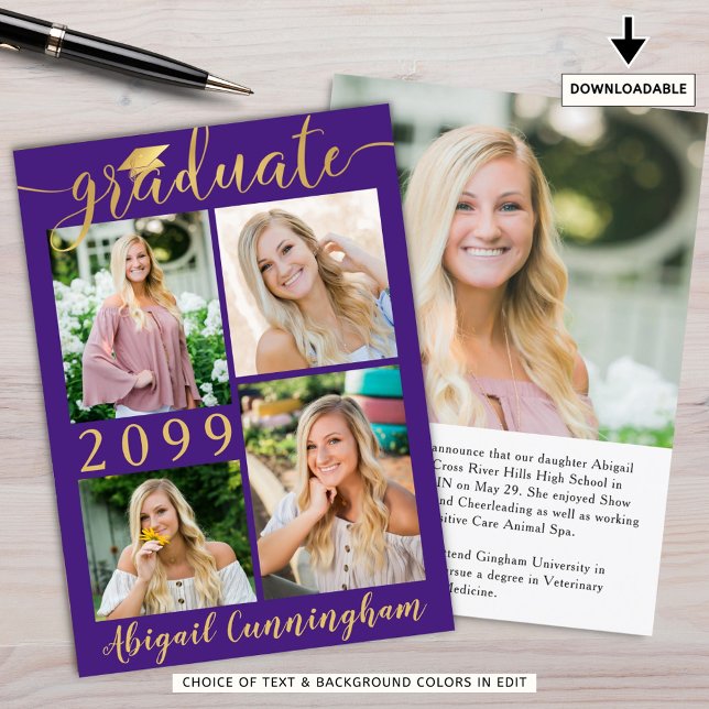 Modern Purple Gold Script 5 Photo Graduate Announcement (Creator Uploaded)