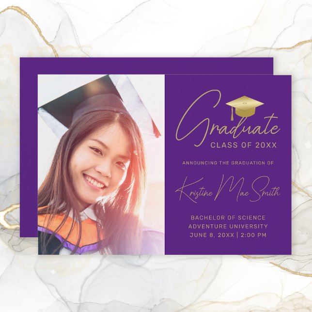 Modern Purple Gold Script Photo College Graduation Announcement (Purple and Gold Modern Script Graduation Announcement)