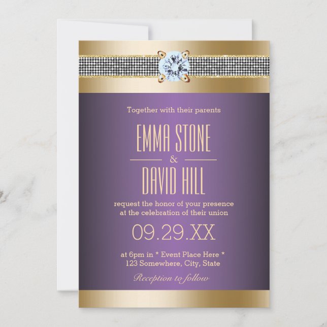 Modern Purple Gold Stripes Luxury Wedding Invitation (Front)