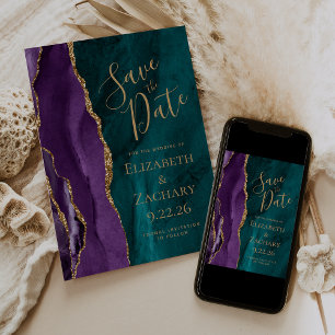 Modern Purple Gold Teal Agate Save the Date