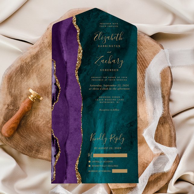 Modern Purple Gold Teal Agate Wedding All In One Invitation (Creator Uploaded)