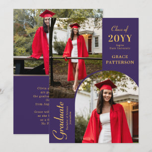Modern Purple Gold Three Photo Graduate Invitation