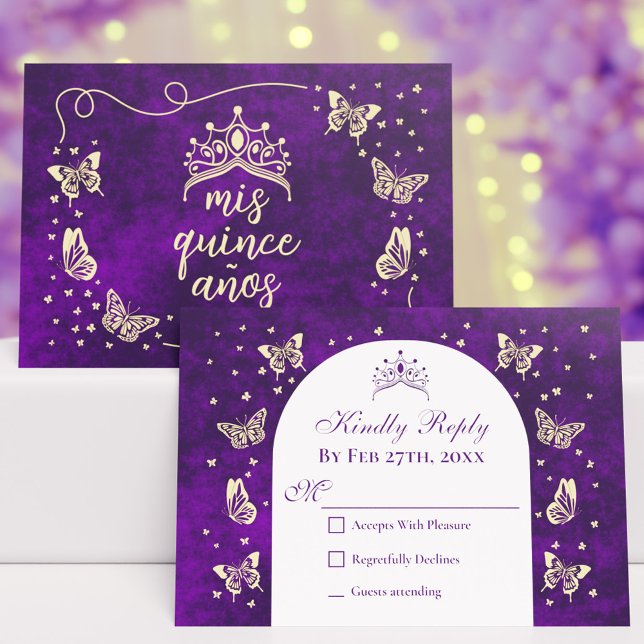 Modern Purple Gold Tiara Butterflies Quinceañera RSVP Card (Modern Purple Gold Tiara Butterflies Quinceañera RSVP Card)