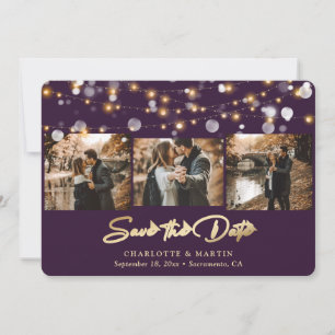 Modern Purple Gold Wedding 3 Photo Save The Date