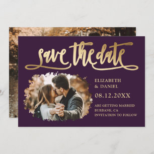 Modern Purple Gold Wedding Photo Save The Date