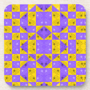 Modern purple & golden Checkerboard floral pattern Coaster