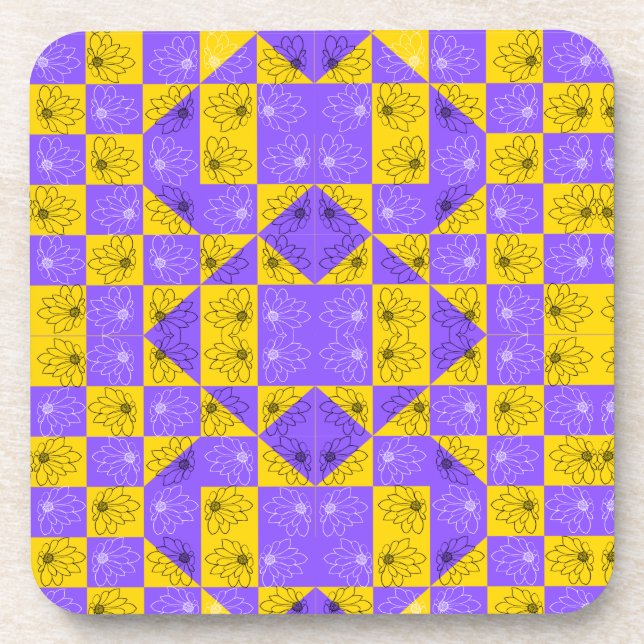 Modern purple & golden Checkerboard floral pattern Coaster (Front)