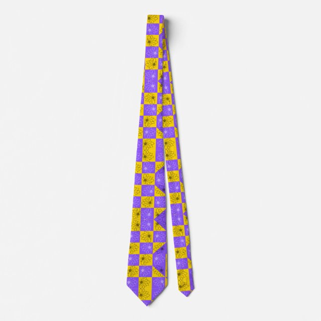 Modern purple & golden Checkerboard floral pattern Tie (Front)